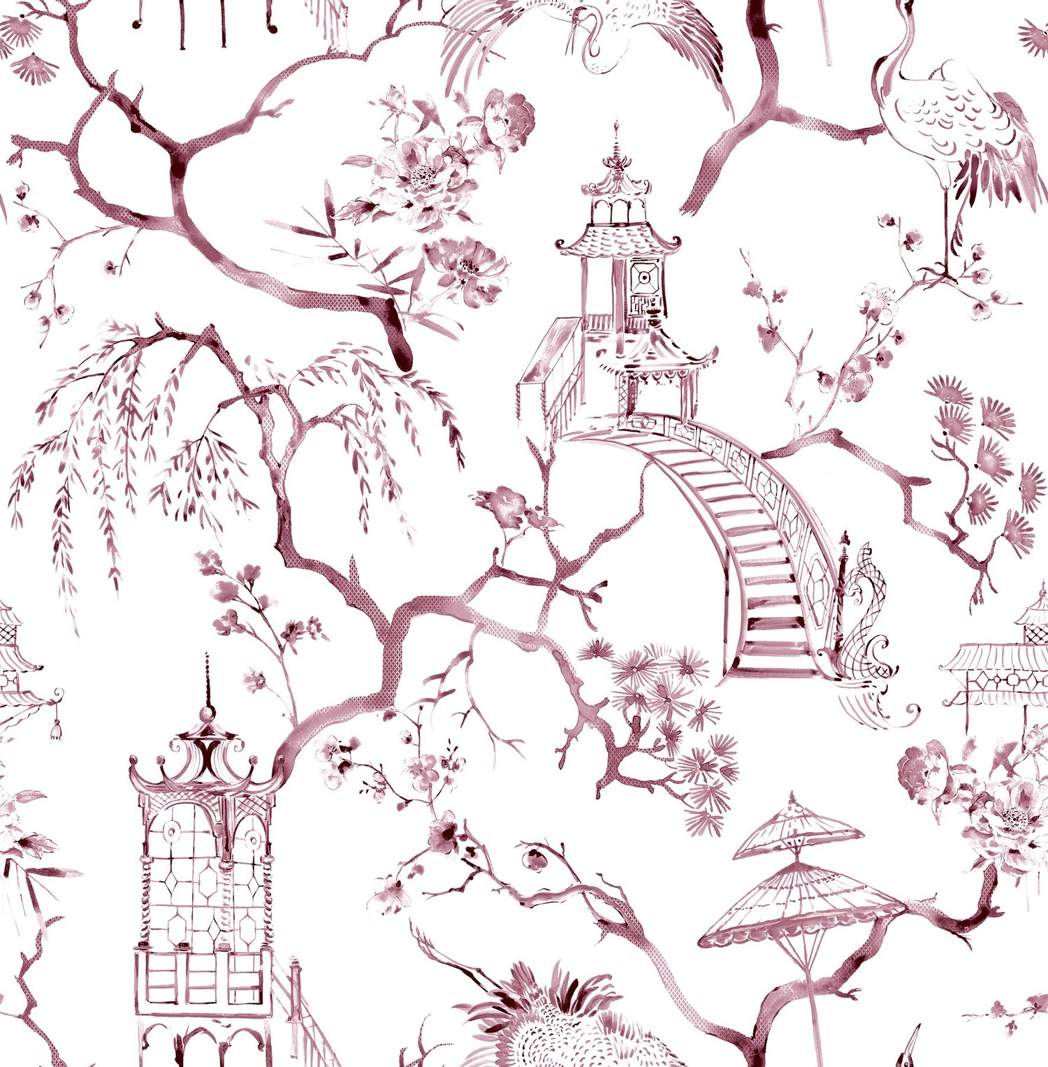 Serena Plum Chinoiserie Wallpaper with Traditional Toile and Pagoda Motif - A-Street Prints 4120-26806