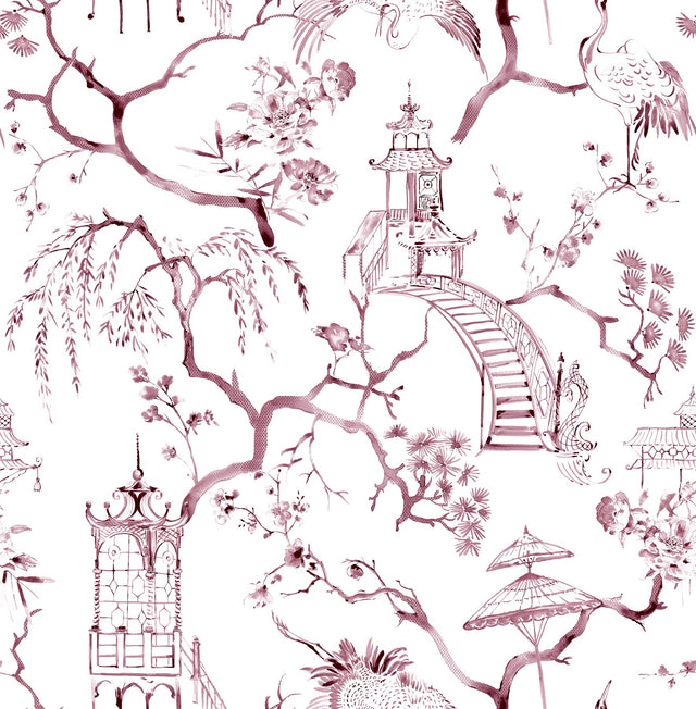 Serena Plum Chinoiserie Wallpaper with Traditional Toile and Pagoda Motif - A-Street Prints 4120-26806