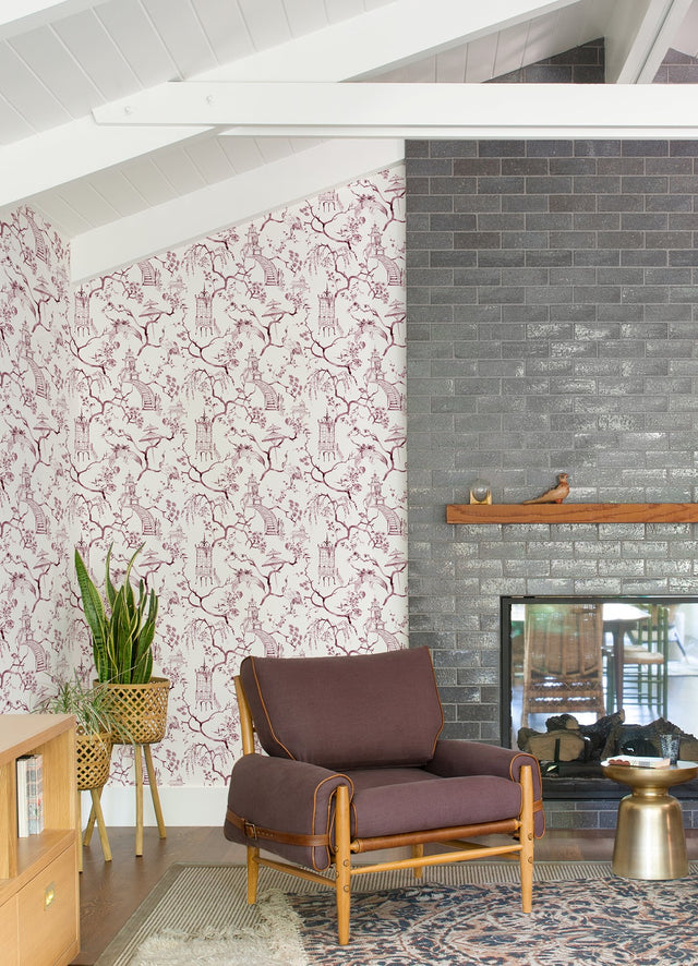 Serena Plum Chinoiserie Wallpaper with Traditional Toile and Pagoda Motif - A-Street Prints 4120-26806