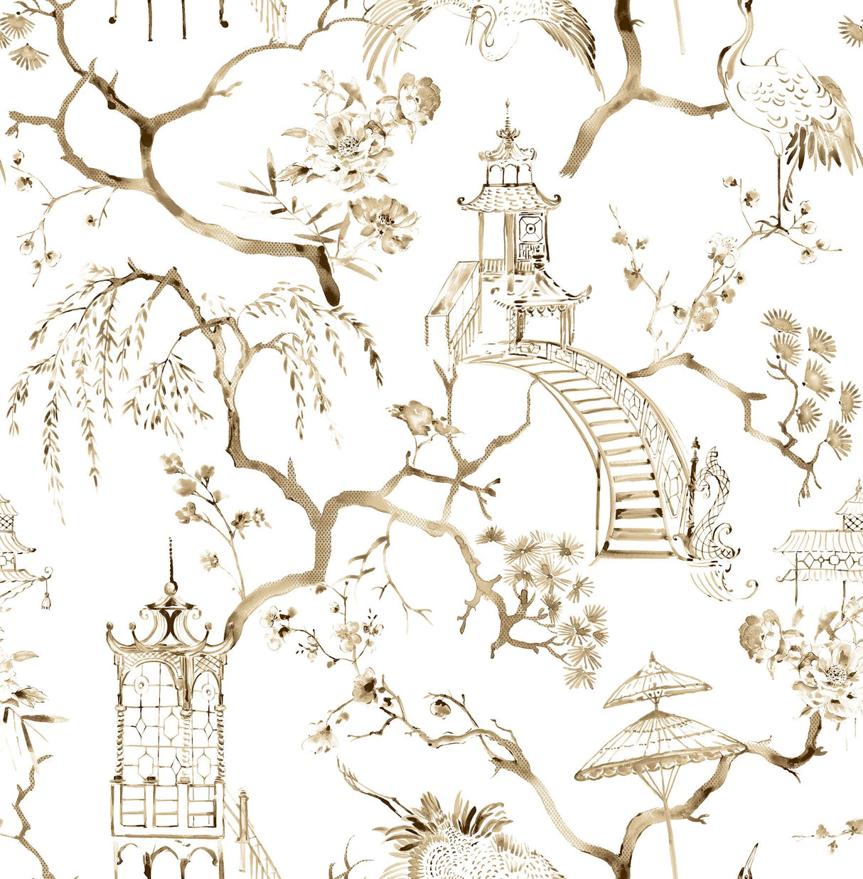 Serena Coffee Chinoiserie Wallpaper with Traditional Pagodas, Cranes and Floral Motif - 4120-26807