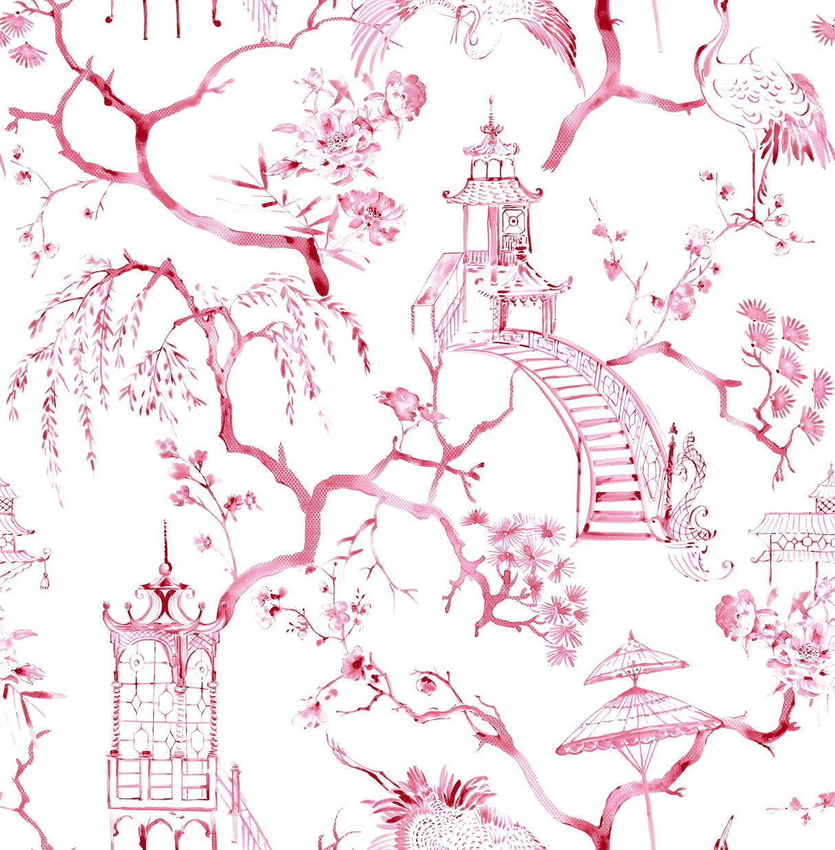 Serena Raspberry Chinoiserie Wallpaper with Pagodas, Cranes and Floral Toile - A-Street Prints 4120-26808