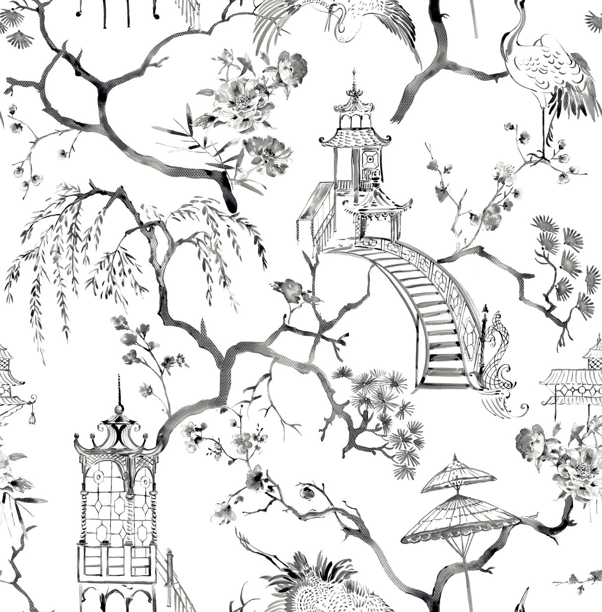 Serena Charcoal Chinoiserie Wallpaper with Traditional Scenic Pagodas and Cranes - A-Street Prints 4120-26809