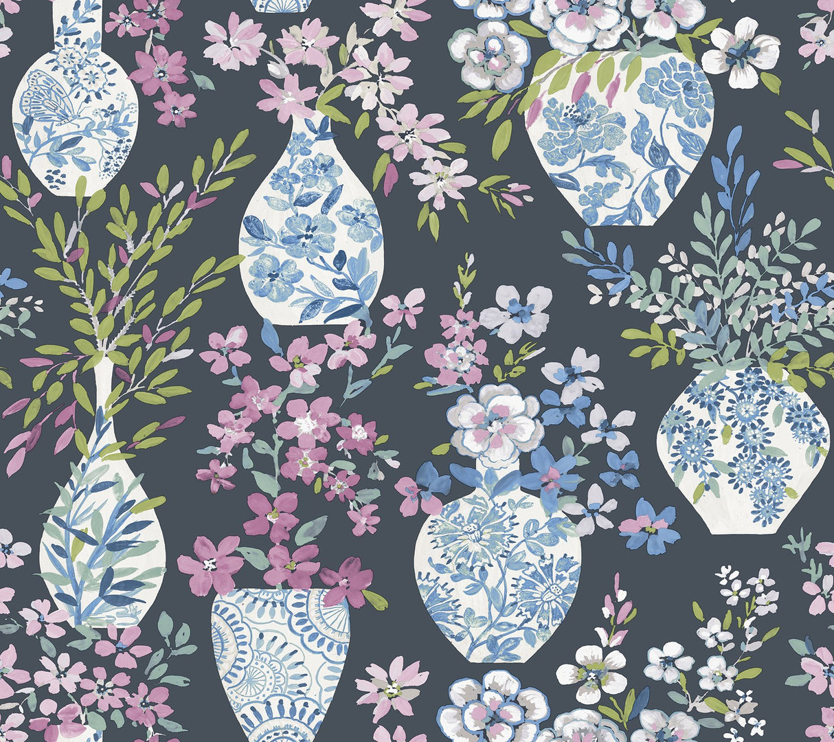 Harper Charcoal Floral Vase Wallpaper with Botanical Flowers Bohemian Style - A-Street Prints 4120-72004