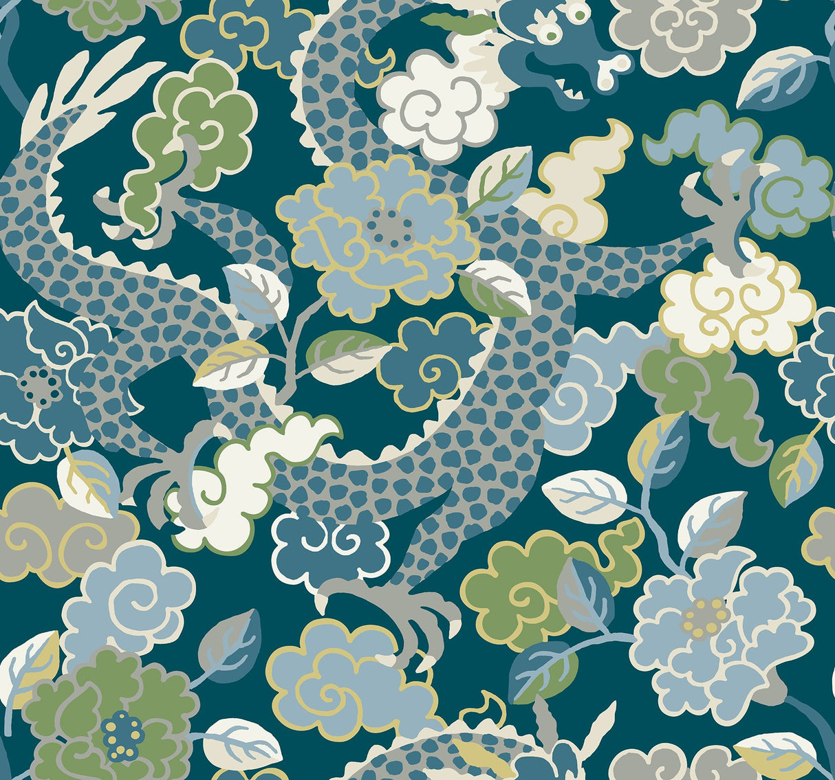 Yanci Teal Dragon Wallpaper with Eclectic Floral Dragon Motif - A-Street Prints 4120-72008