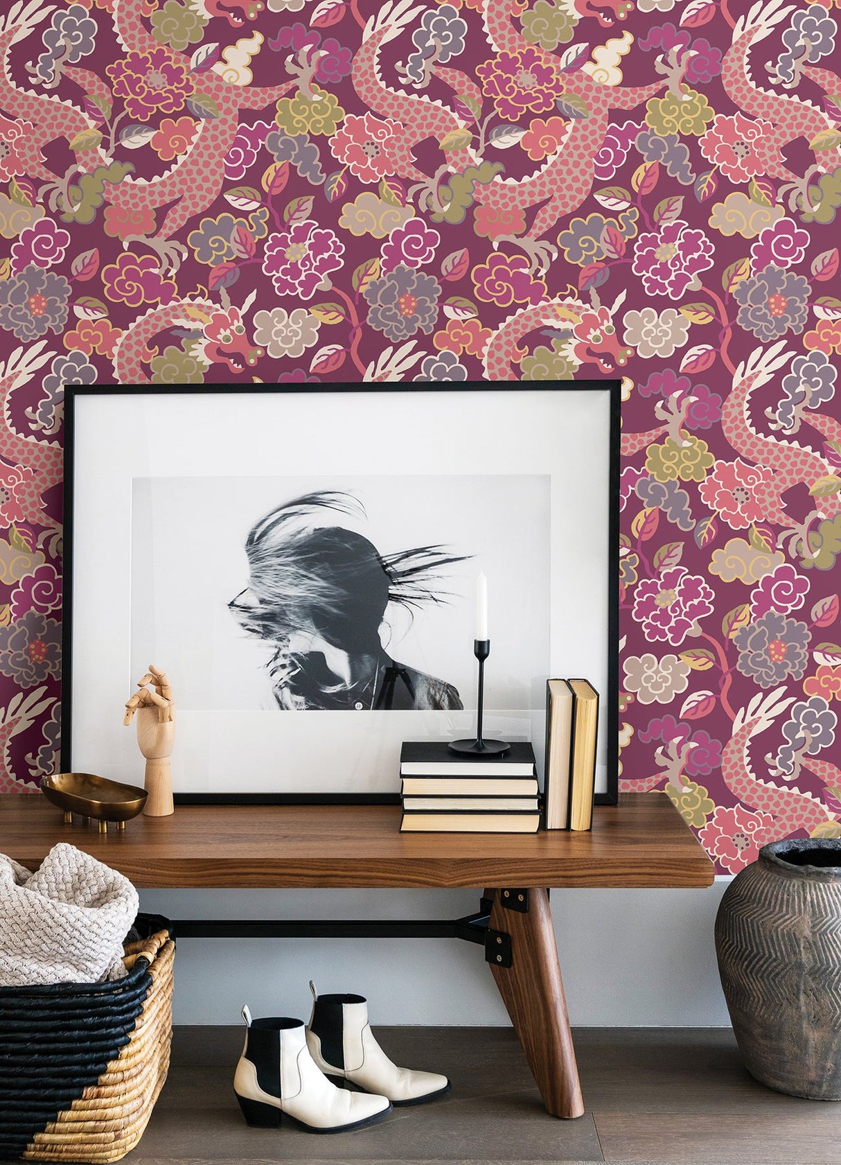 Yanci Plum Dragon Metallic Eclectic Wallpaper with Dragon and Floral Motif - A-Street Prints 4120-72009