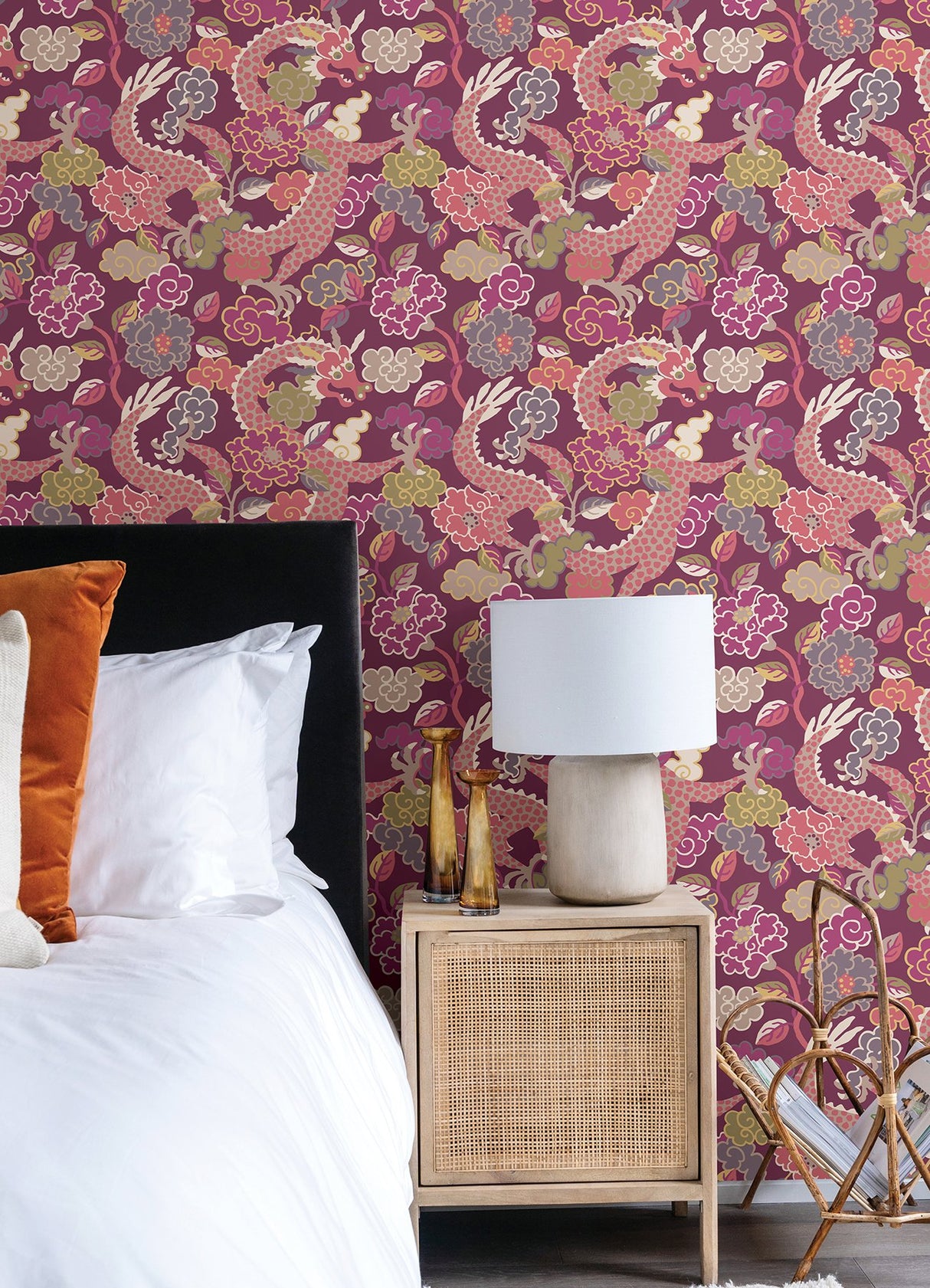 Yanci Plum Dragon Metallic Eclectic Wallpaper with Dragon and Floral Motif - A-Street Prints 4120-72009