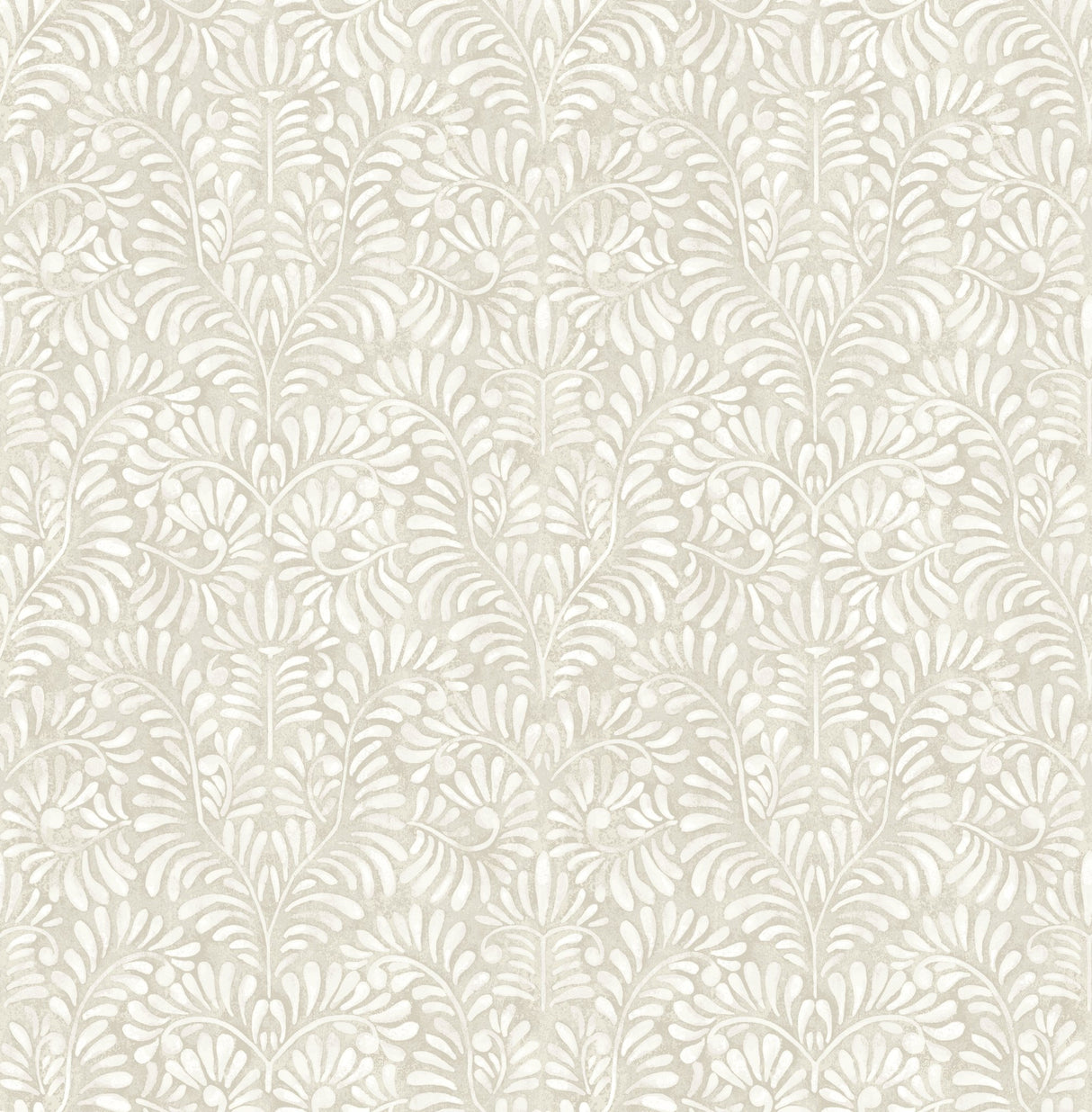 Elma Taupe Fiddlehead Wallpaper with Raised Ink Botanical Damask - Brewster 4121-26920