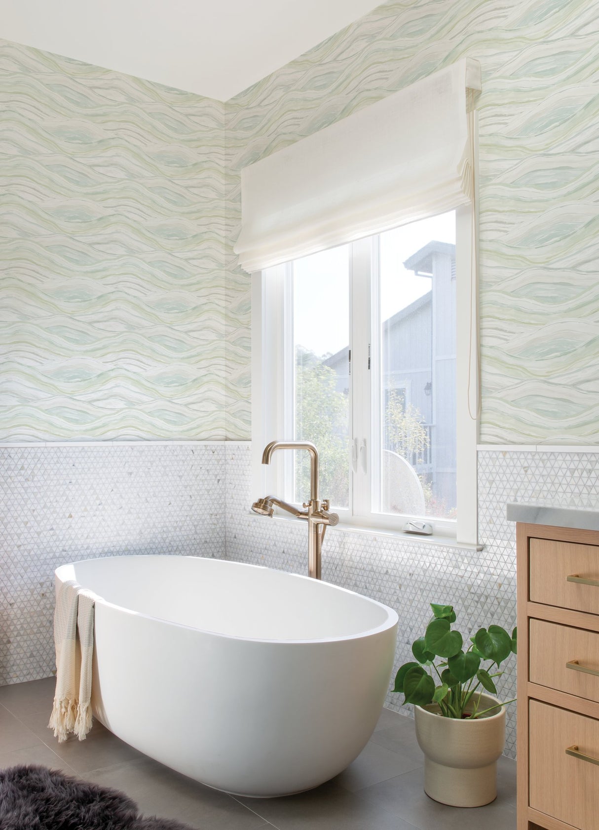 Dorea Sea Green Striated Waves Wallpaper with Metallic Abstract Whimsical Pattern - A-Street Prints 4121-26924
