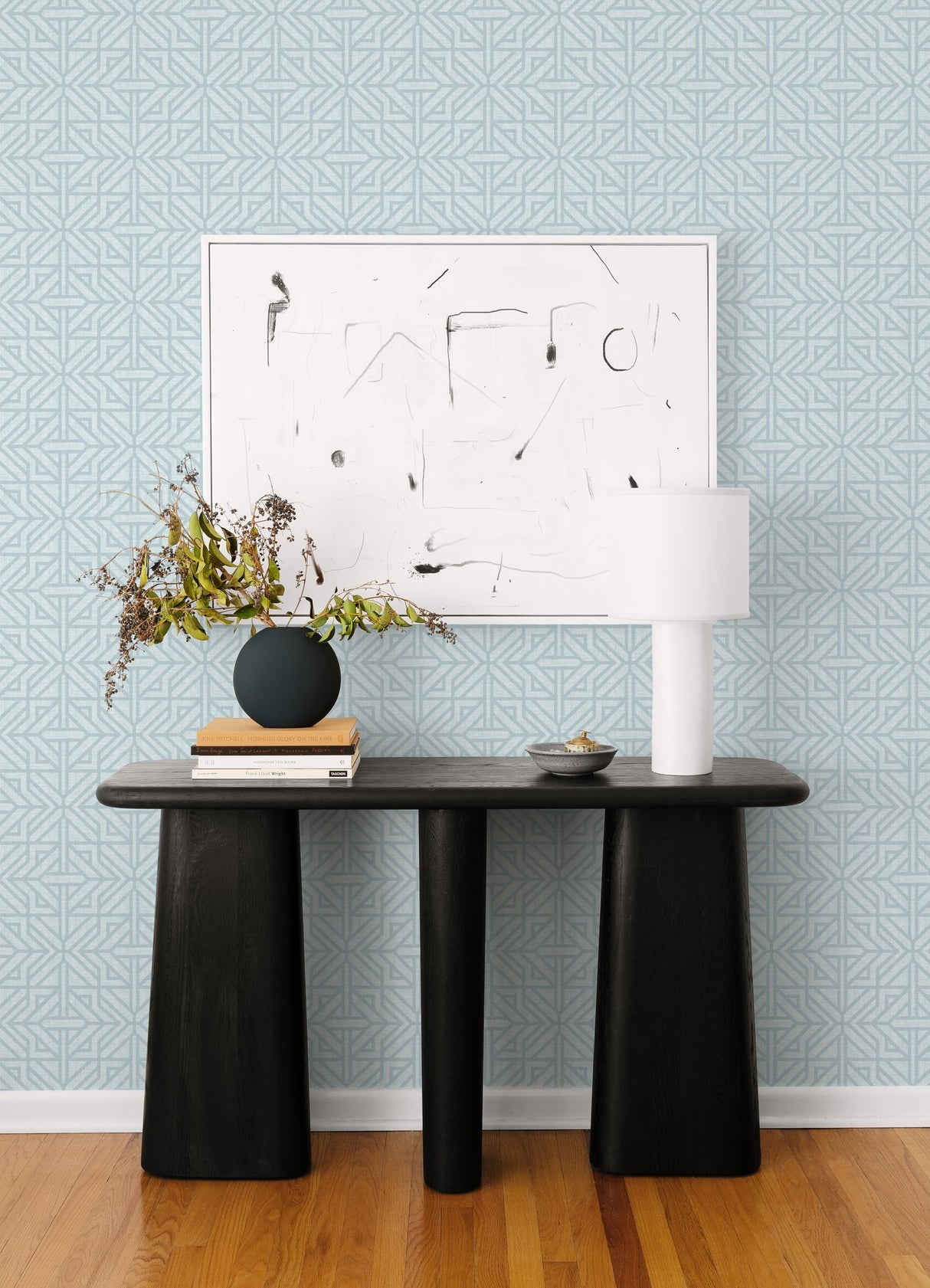 Hesper Sky Blue Geometric Wallpaper with Ornate Geometric on Faux Linen Backdrop - A-Street Prints 4121-26932