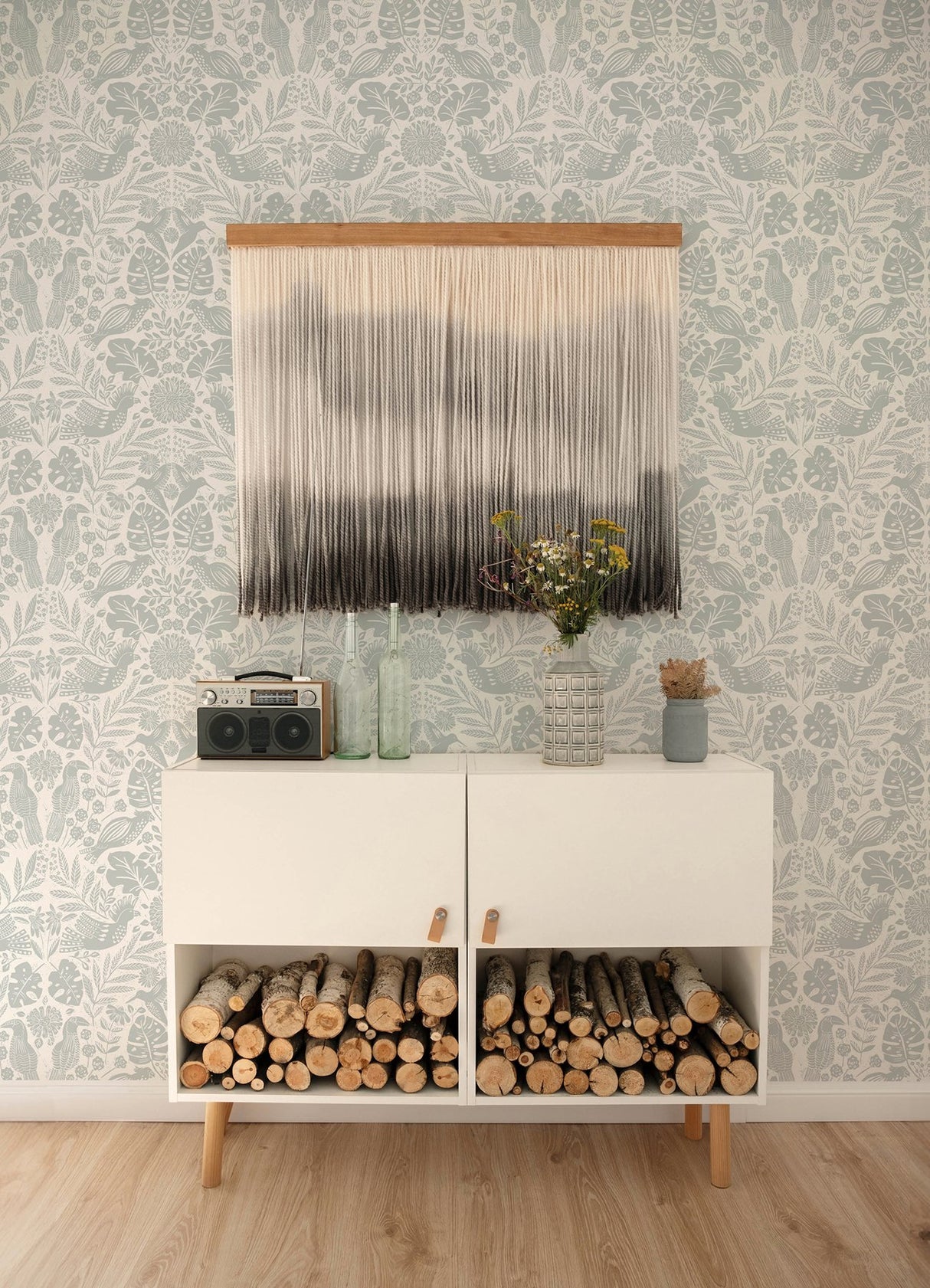 Nestle Light Grey Bird Block Print Wallpaper with Tropical Animal Damask - A-Street Prints 4122-27001