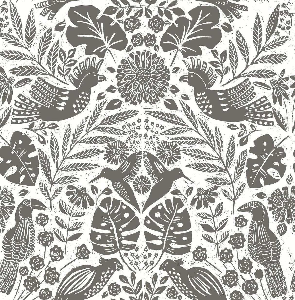 Nestle Charcoal Bird Block Print Wallpaper with Tropical Animal Motif - A-Street Prints 4122-27004