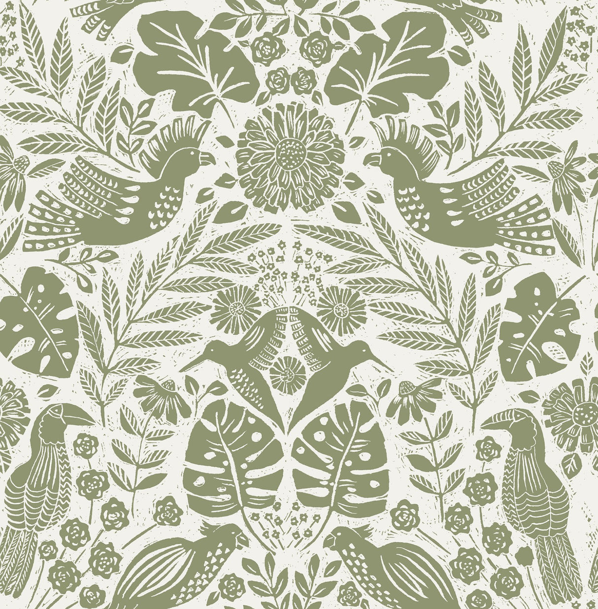 Nestle Green Bird Block Print Wallpaper with Tropical Animal Damask Motif - A-Street Prints 4122-27005