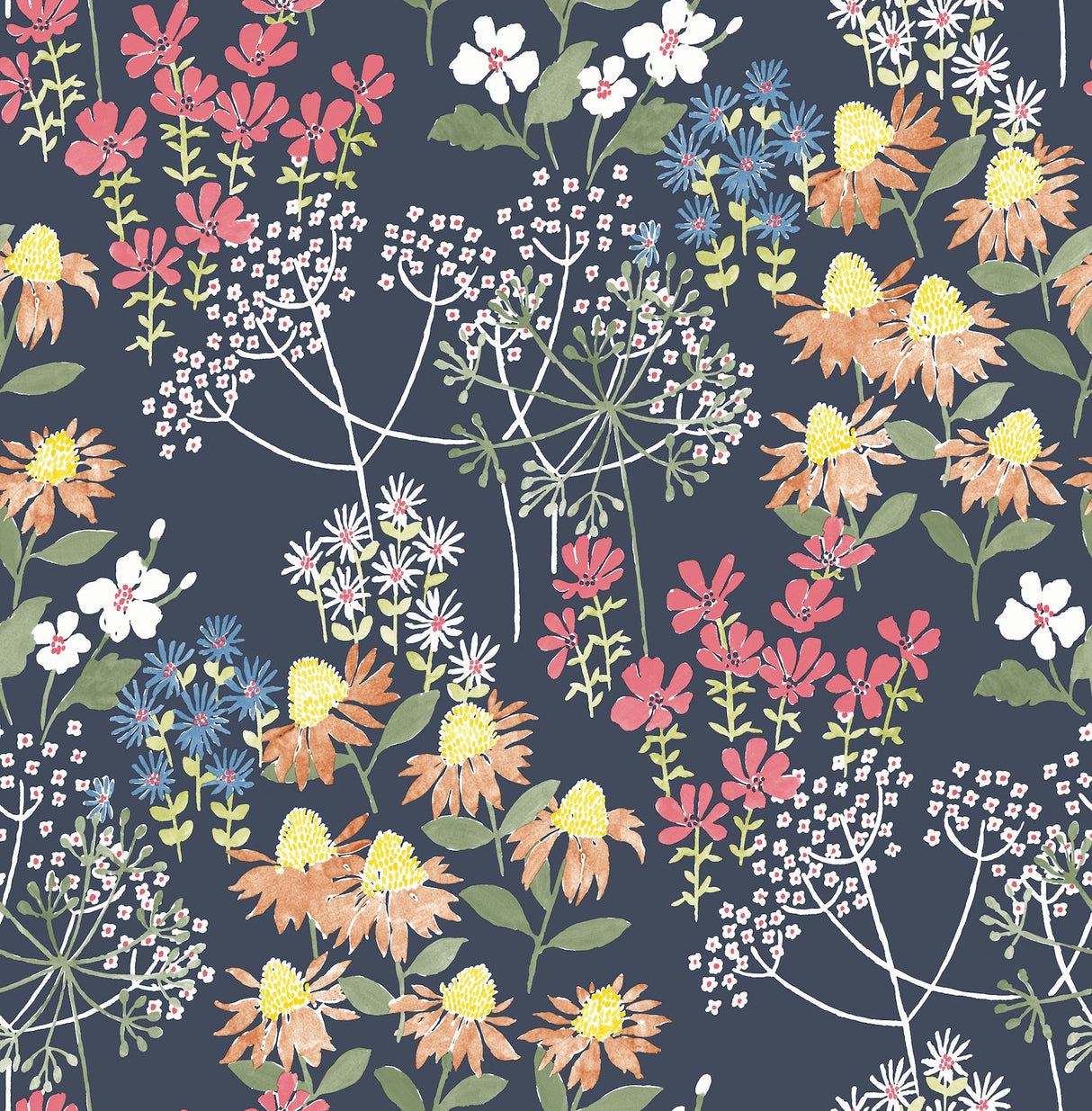 Cultivate Navy Springtime Blooms Wallpaper with Botanical Floral Pattern, Bohemian Style - A-Street Prints 4122-27016
