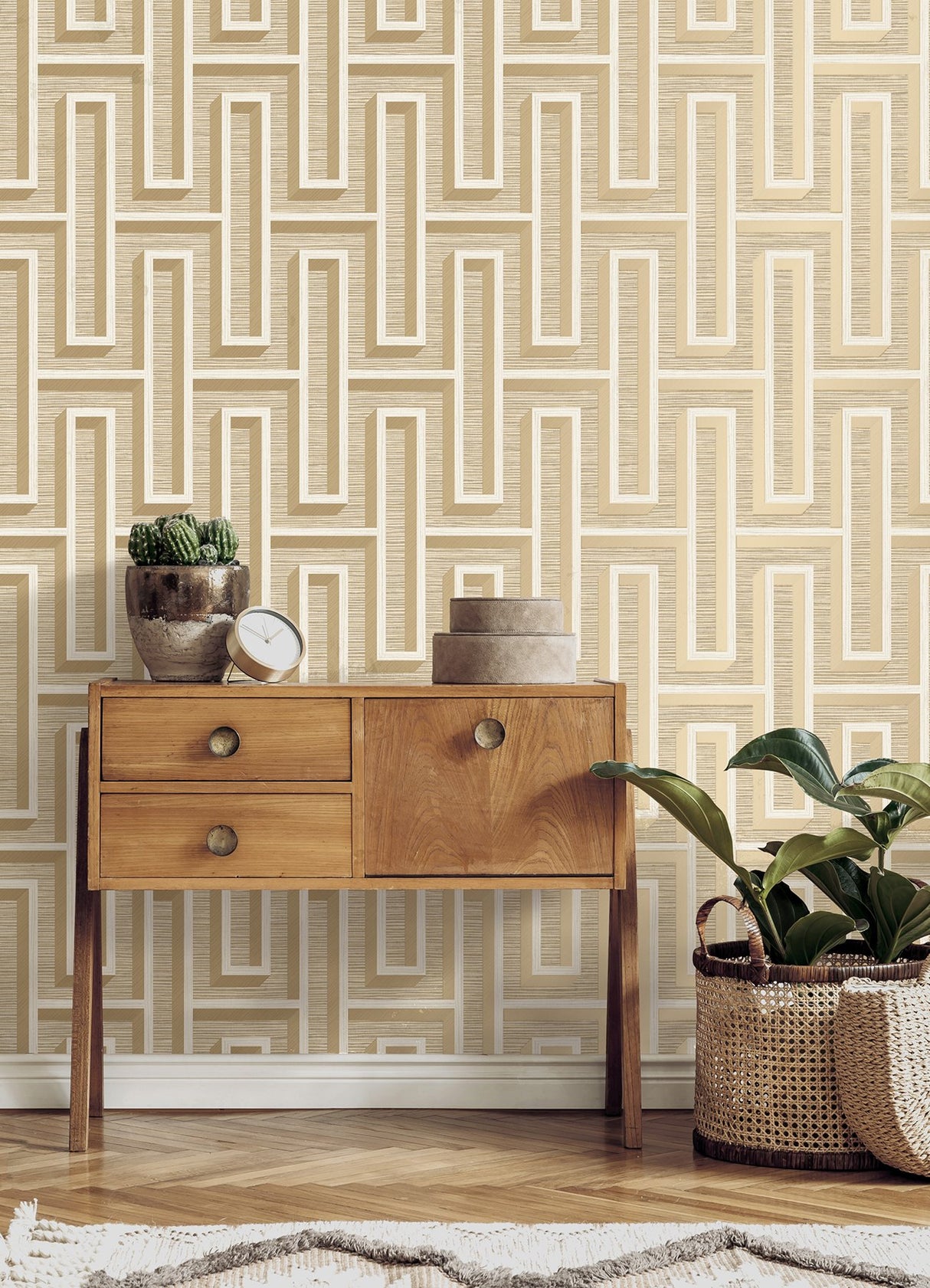 Henley Wheat Geometric Grasscloth Wallpaper with Modern Geometric Maze Pattern - Advantage 4125-26721