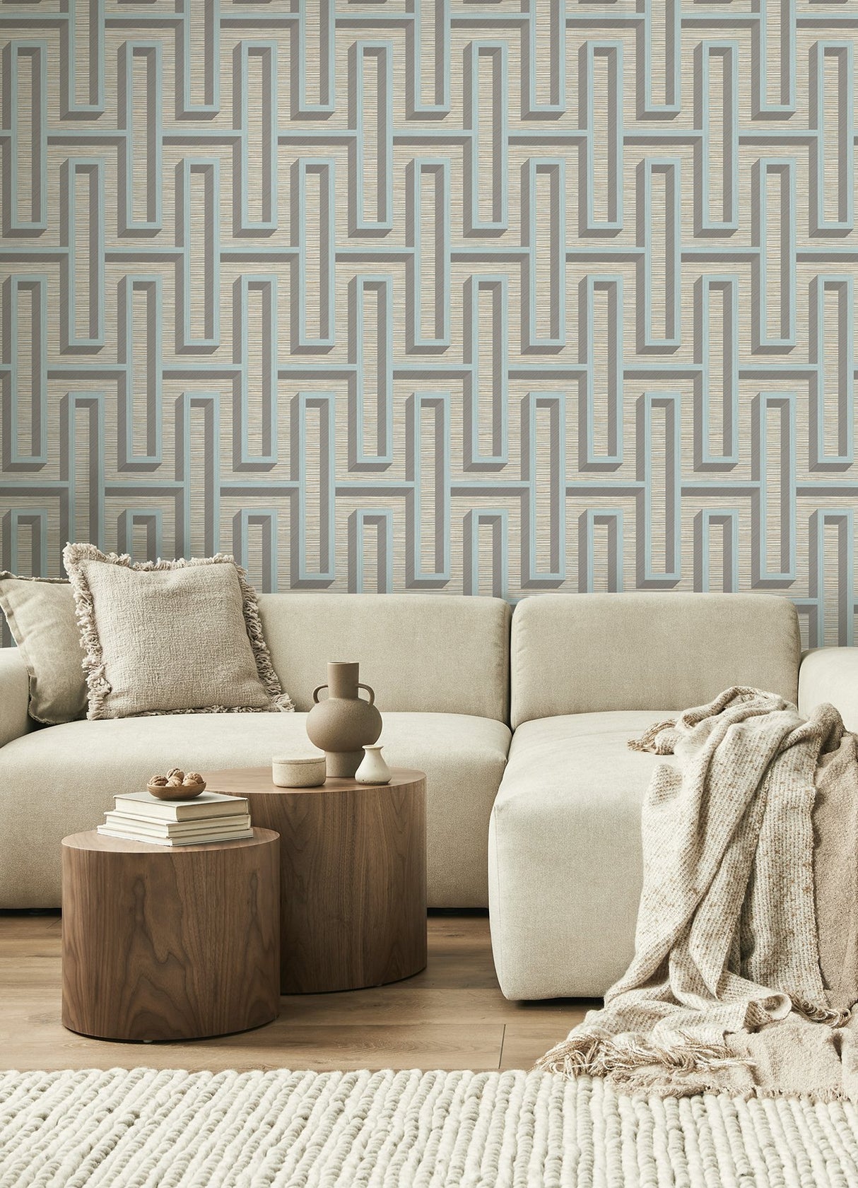 Henley Light Blue Geometric Grasscloth Wallpaper with Modern Graphic Maze Pattern - Brewster 4125-26724