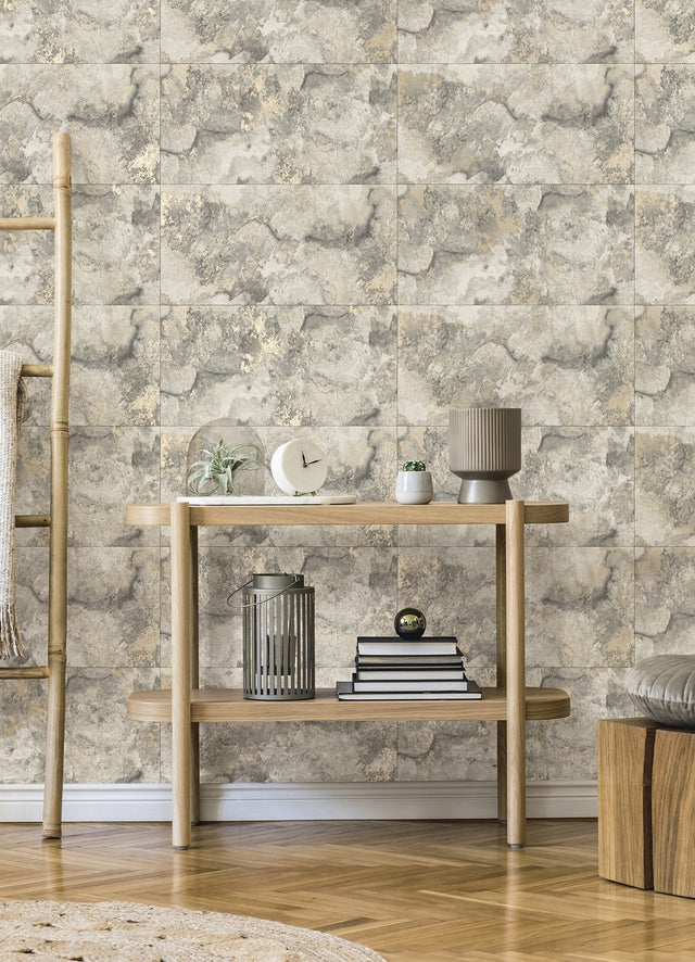 Aria Light Grey Marbled Tile Wallpaper with Metallic Textured Stone Motif - Advantage 4125-26731