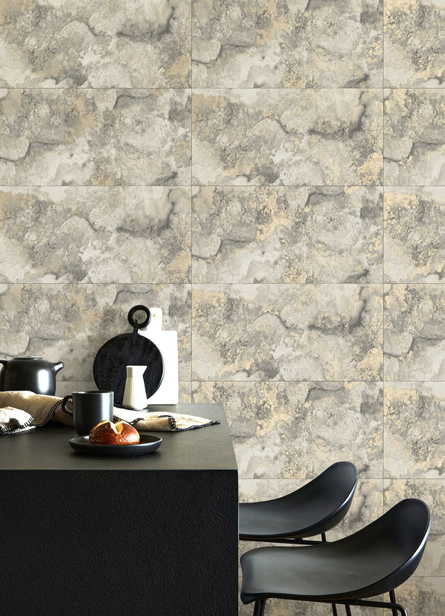 Aria Light Grey Marbled Tile Wallpaper with Metallic Textured Stone Motif - Advantage 4125-26731