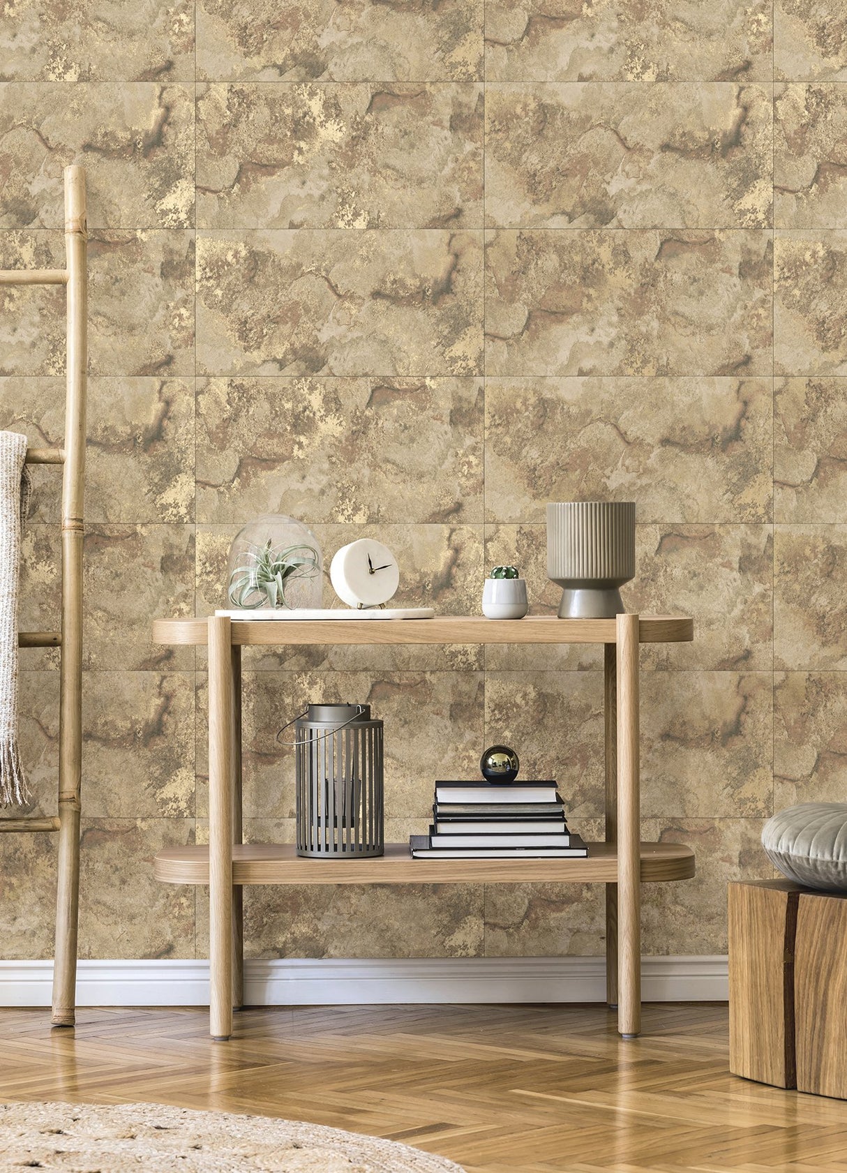 Aria Light Brown Marbled Tile Wallpaper with Metallic Textured Stone Pattern - Brewster 4125-26733