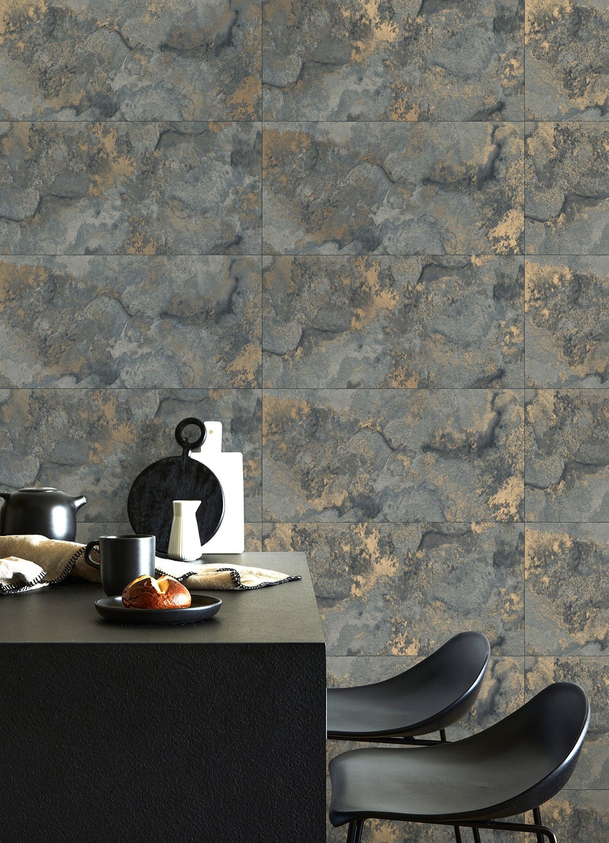 Aria Slate Marbled Tile Wallpaper with Metallic Textured Stone Pattern - Brewster 4125-26734