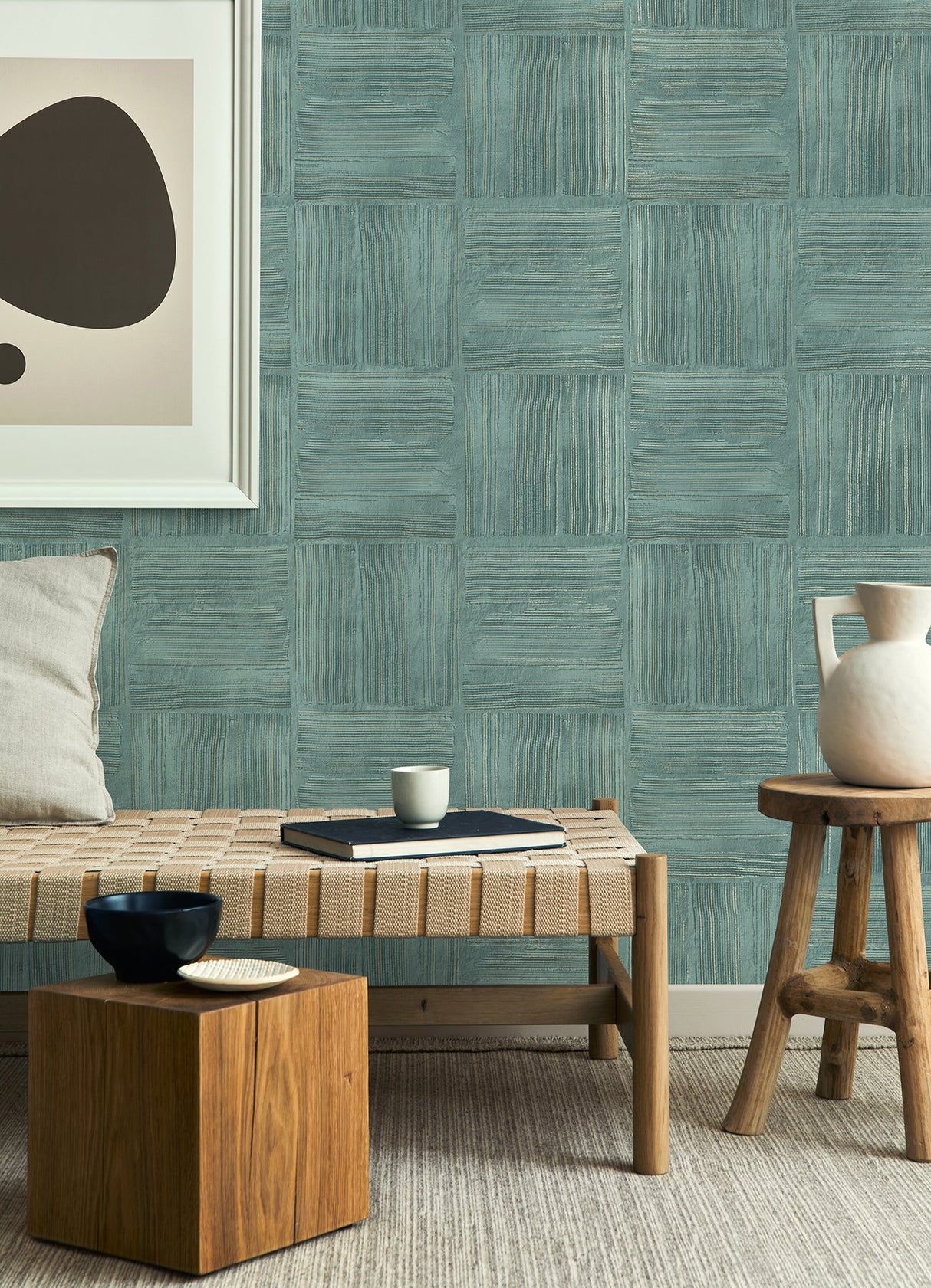 Jasper Teal Block Texture Wallpaper with Metallic Raised Ink Geometric Bohemian Style - Advantage 4125-26737