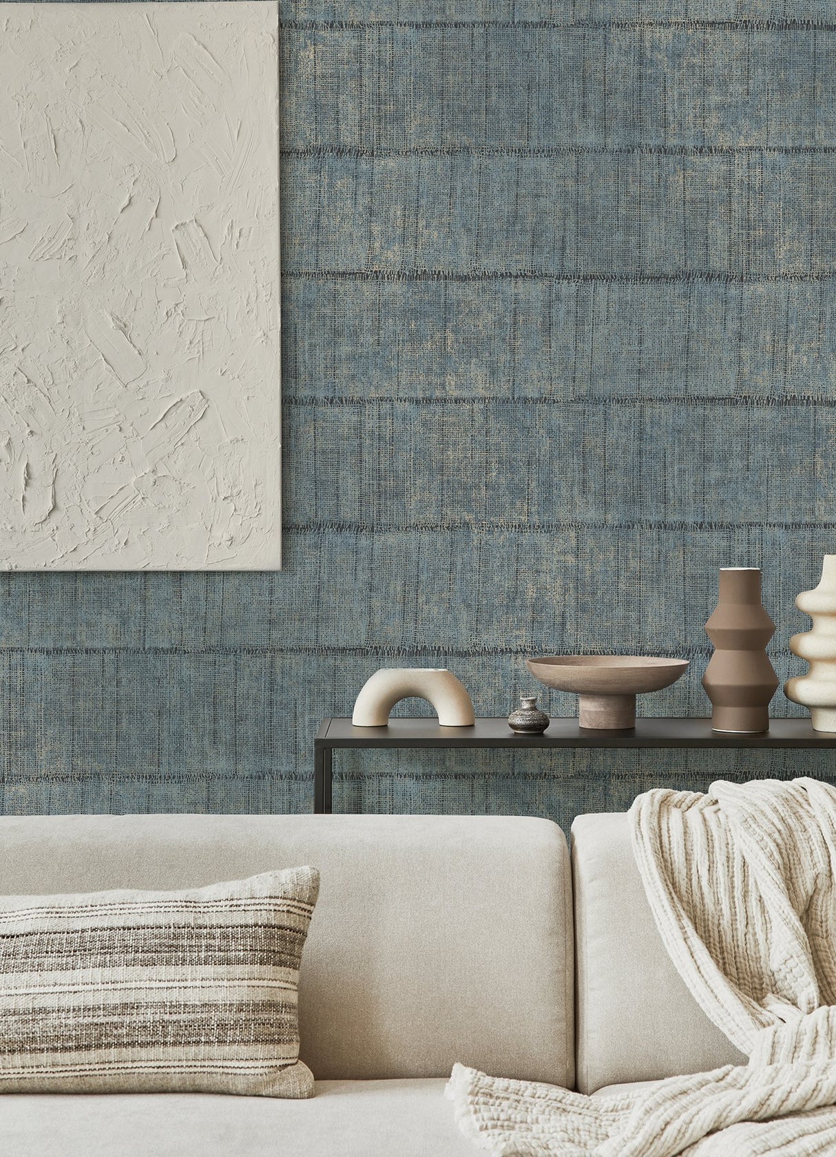 Blake Denim Texture Stripe Wallpaper with Metallic Raised Ink Farmhouse Graphics - Advantage 4125-26742