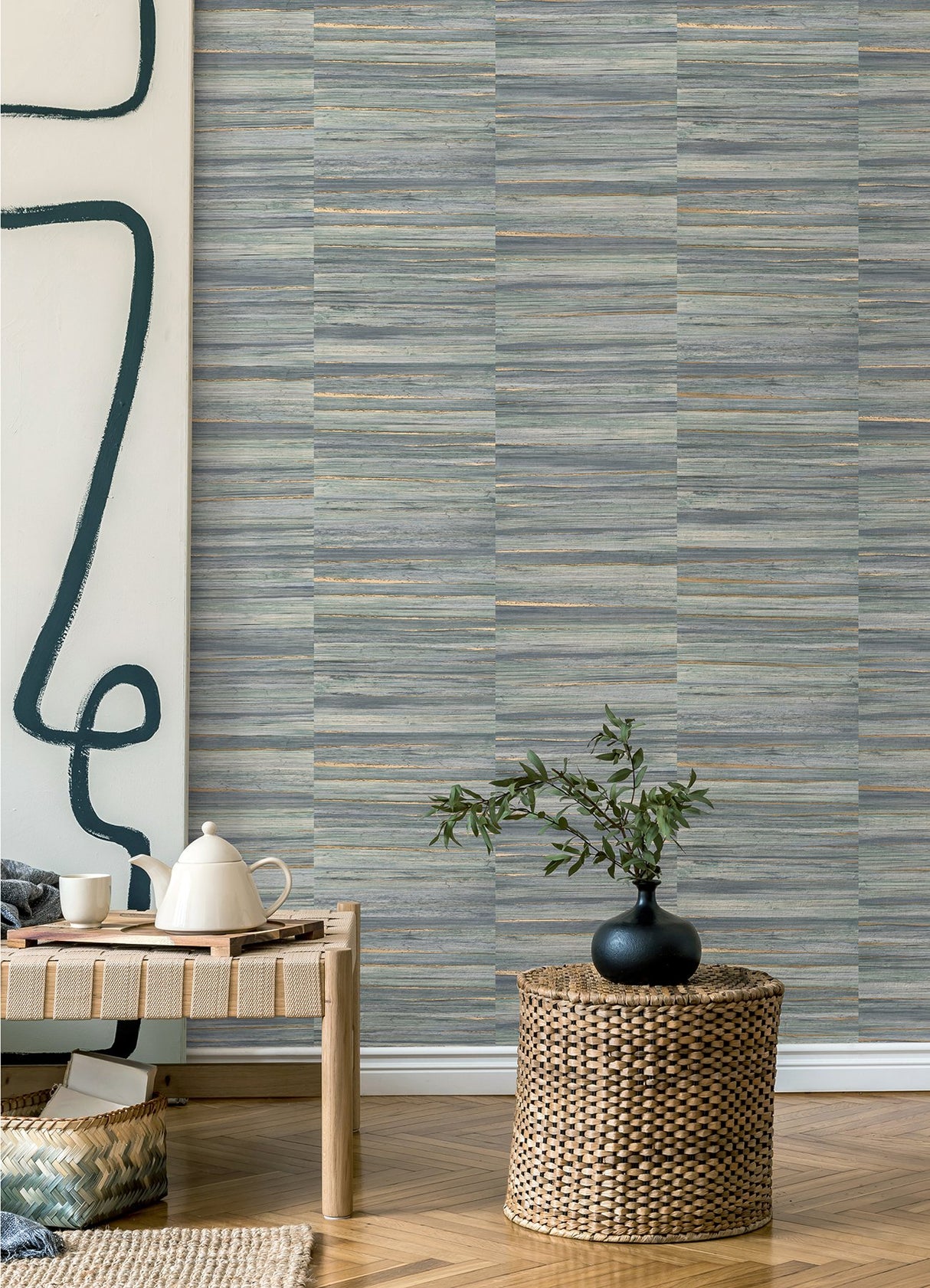 Rowan Blue Faux Grasscloth Wallpaper with Modern Graphic Faux Grasscloth Pattern - Advantage 4125-26745