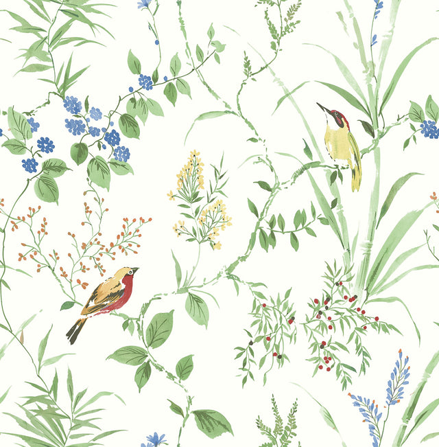 Imperial Garden Green Botanical Wallpaper with Birds Motif - Chesapeake 4134-24173