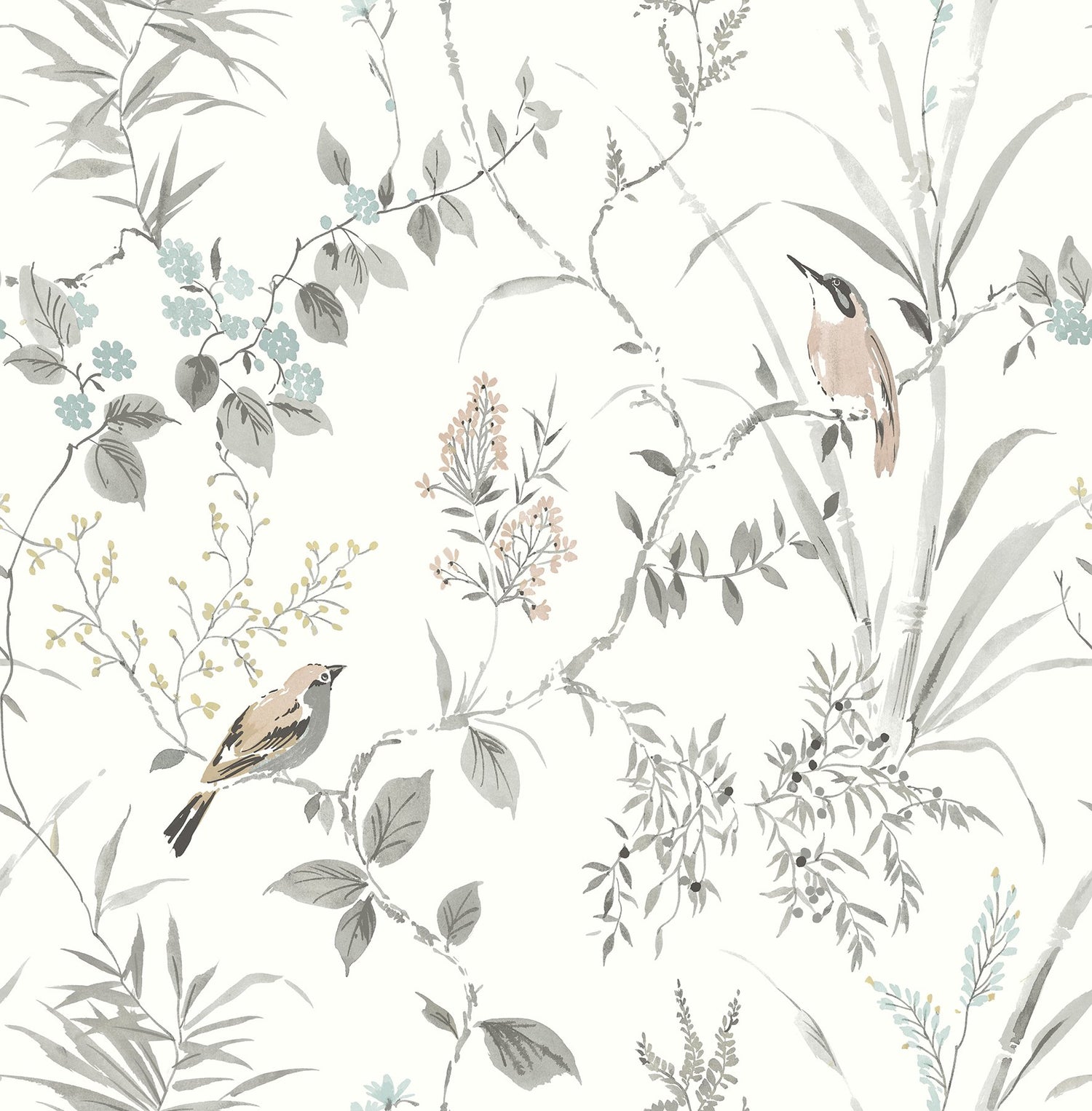 Imperial Garden Neutral Botanical Wallpaper with Birds Motif - Chesapeake 4134-26991