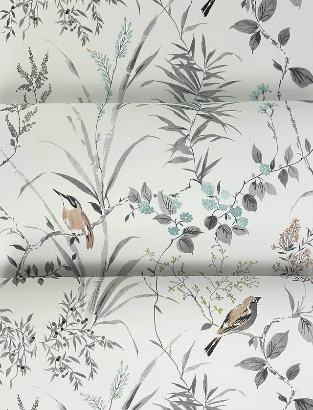 Imperial Garden Neutral Botanical Wallpaper with Birds Motif - Chesapeake 4134-26991