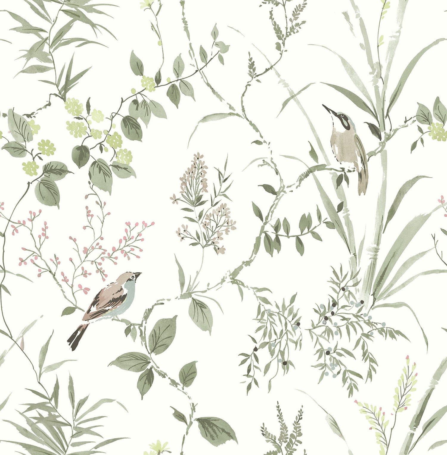 Imperial Garden Moss Botanical Wallpaper with Birds Motif - Chesapeake 4134-26992