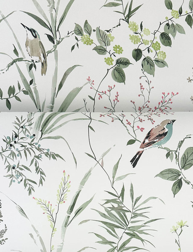 Imperial Garden Moss Botanical Wallpaper with Birds Motif - Chesapeake 4134-26992