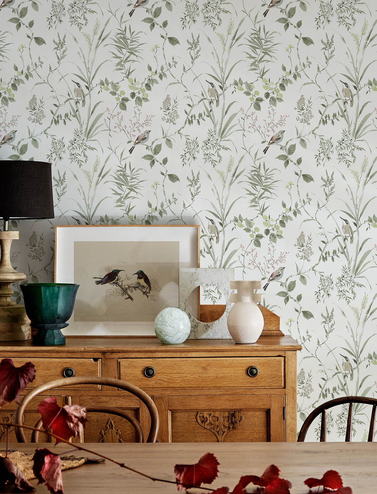Imperial Garden Moss Botanical Wallpaper with Birds Motif - Chesapeake 4134-26992