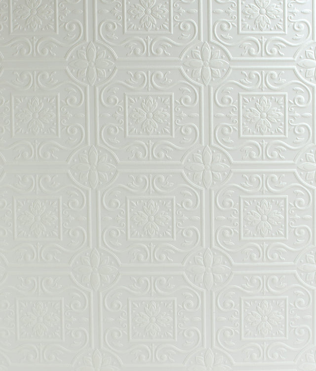 Ibold White Tin Ceiling Scroll Paintable Wallpaper with Geometric Graphics Motif - Chesapeake 4134-59001