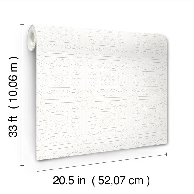 Ibold White Tin Ceiling Scroll Paintable Wallpaper with Geometric Graphics Motif - Chesapeake 4134-59001