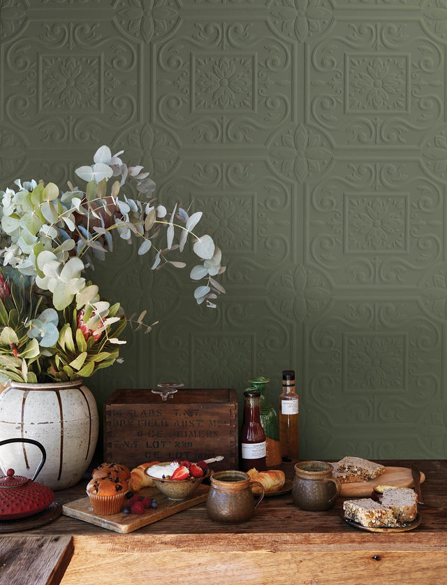 Ibold White Tin Ceiling Scroll Paintable Wallpaper with Geometric Graphics Motif - Chesapeake 4134-59001