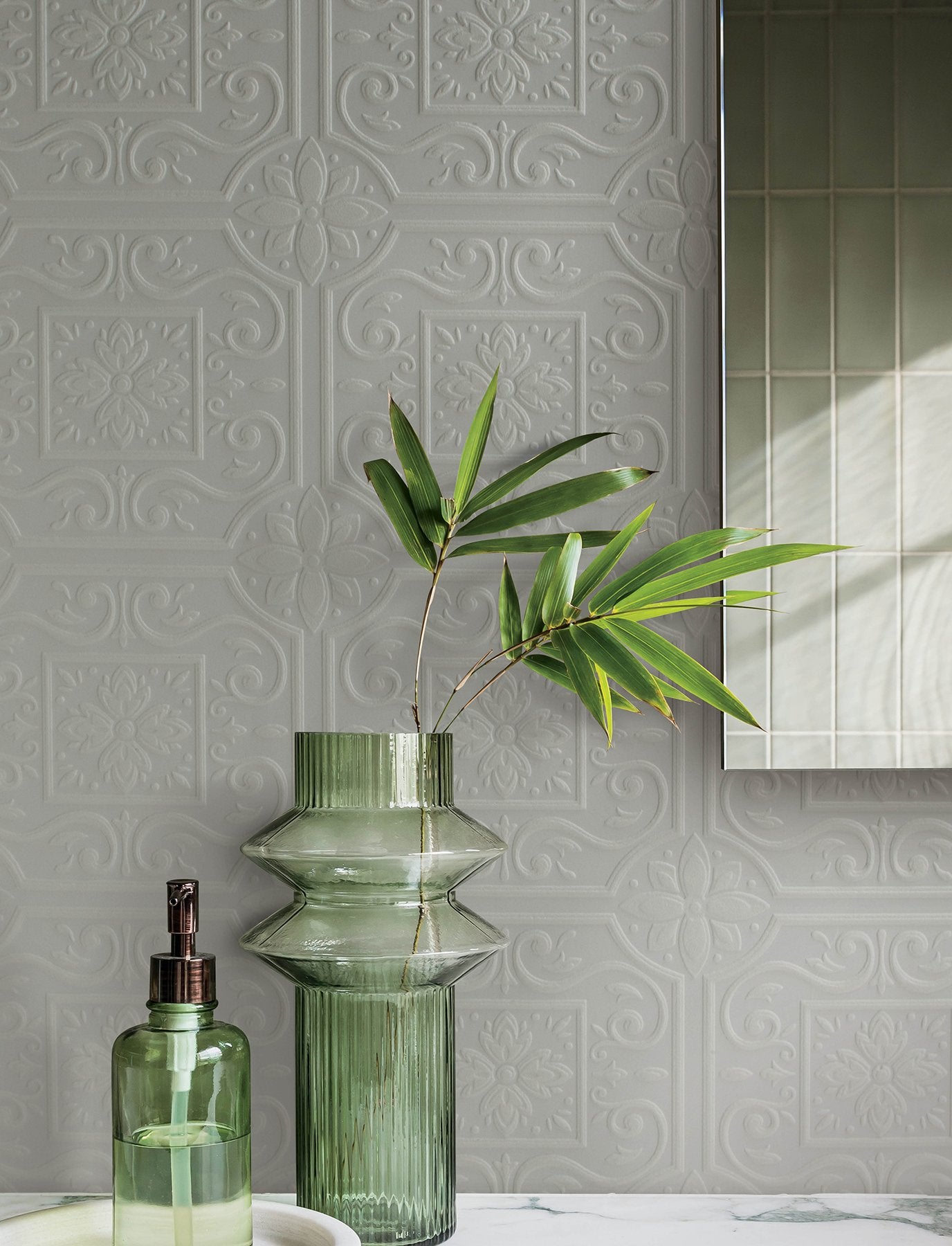 Ibold White Tin Ceiling Scroll Paintable Wallpaper with Geometric Graphics Motif - Chesapeake 4134-59001