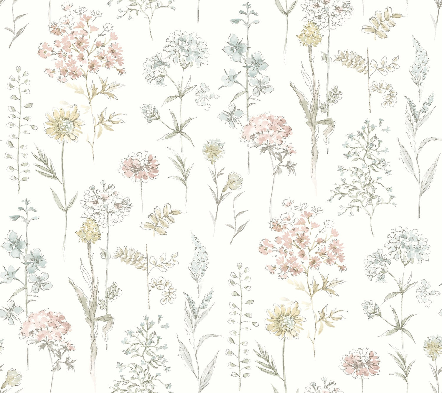 Bergamot Pastel Wildflower Wallpaper with Watercolor Botanical Pattern, Country Style - Chesapeake 4134-72503