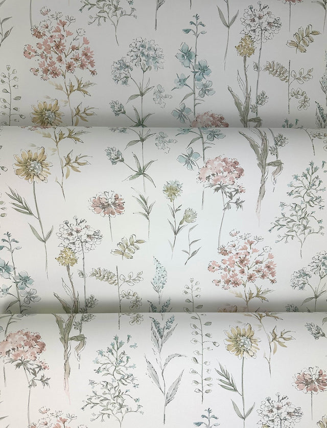 Bergamot Pastel Wildflower Wallpaper with Watercolor Botanical Pattern, Country Style - Chesapeake 4134-72503