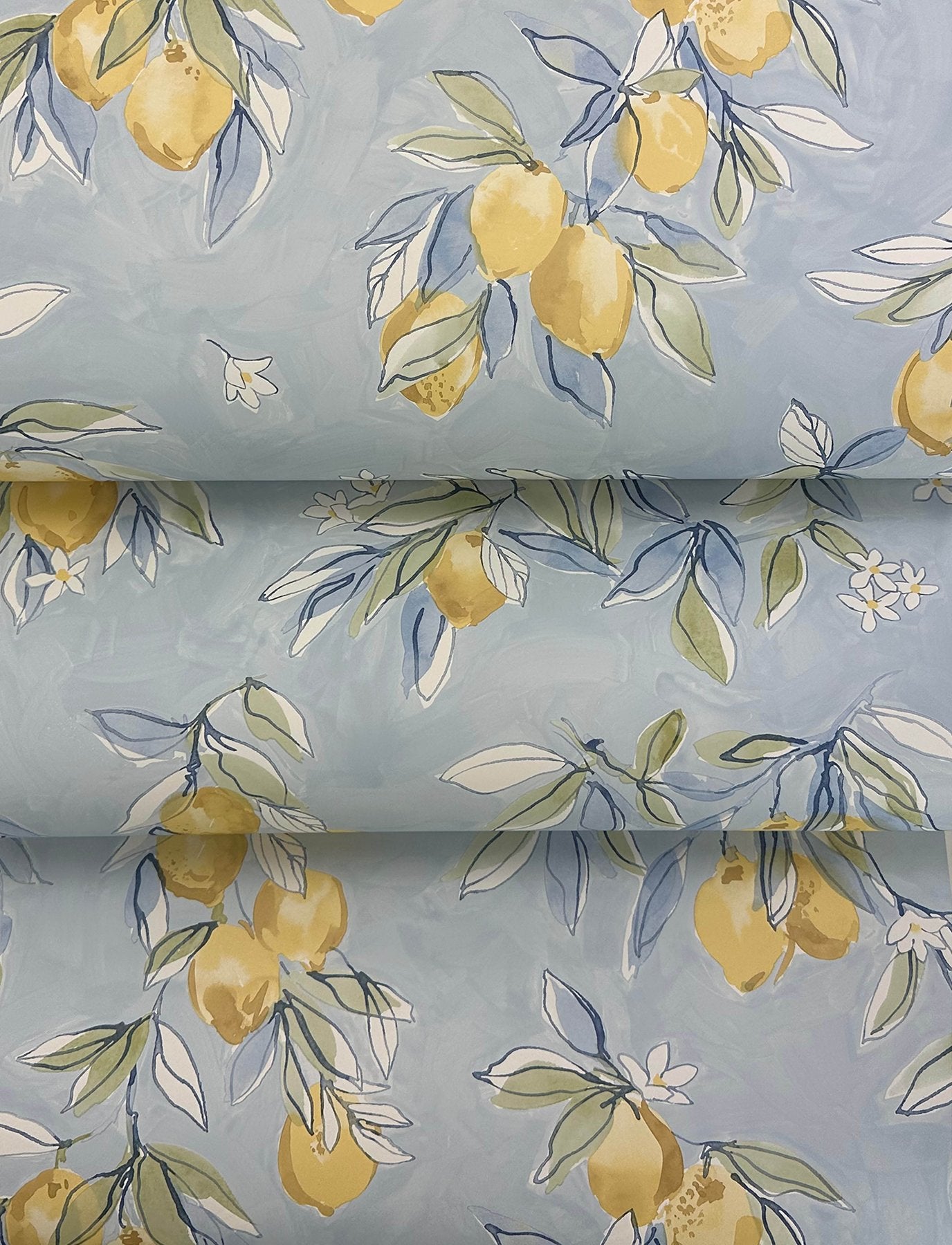 Lemonade Light Blue Citrus Wallpaper with Farmhouse Fruit Motif - Chesapeake 4134-72506