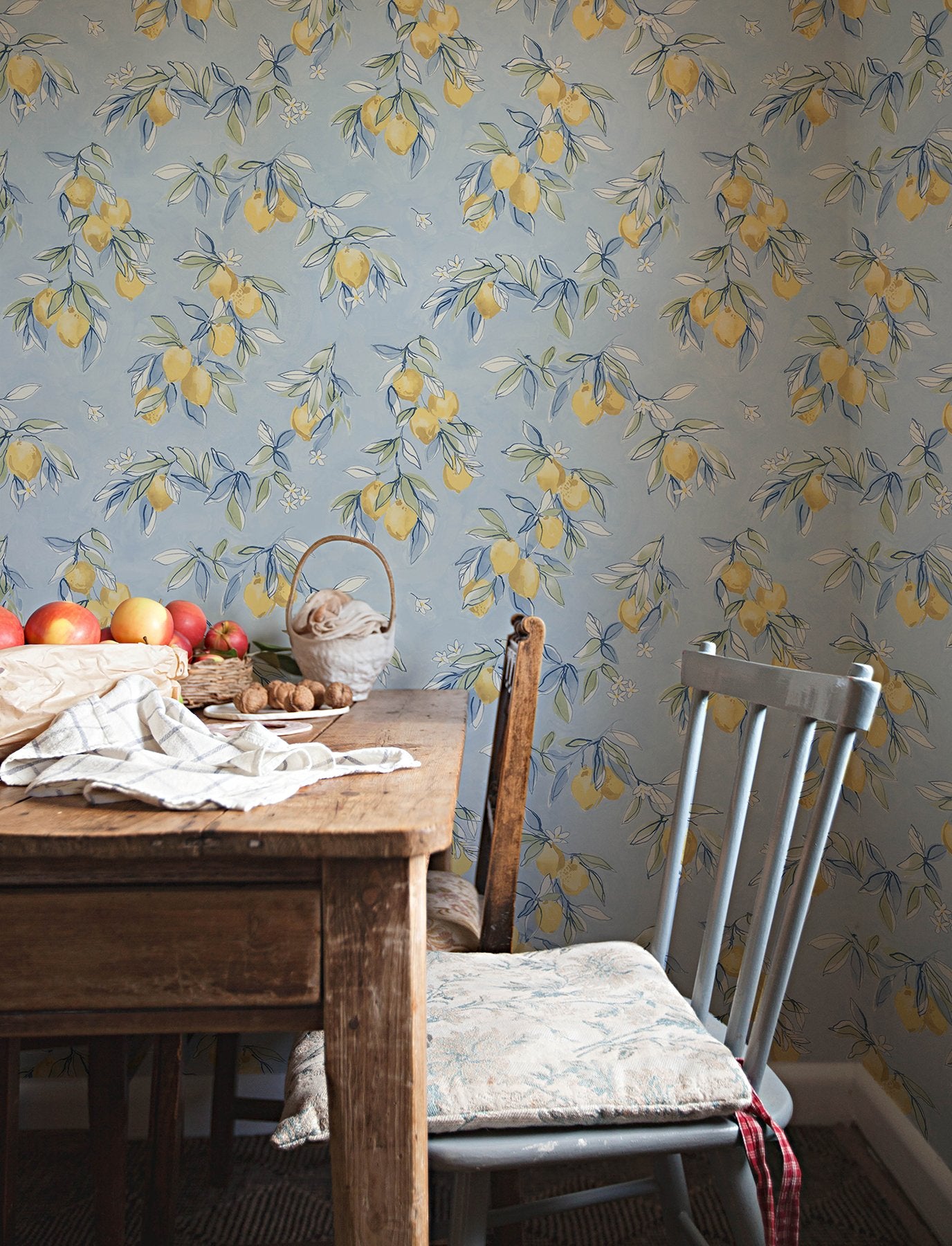 Lemonade Light Blue Citrus Wallpaper with Farmhouse Fruit Motif - Chesapeake 4134-72506