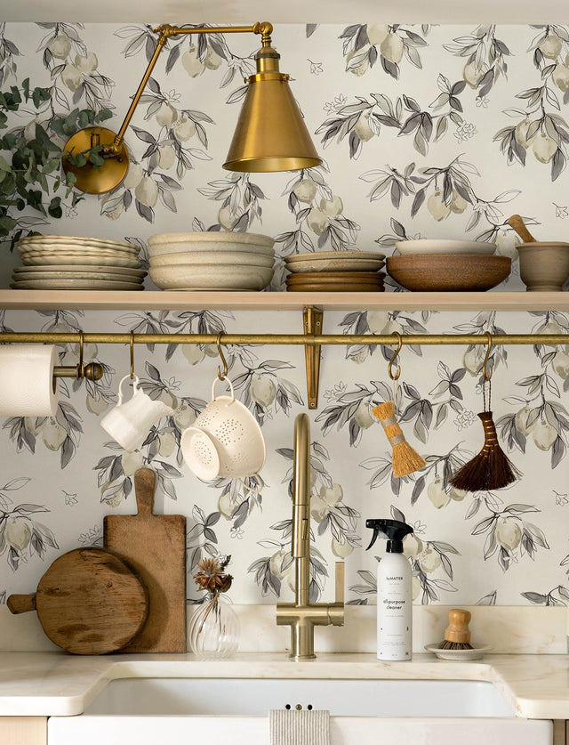 Lemonade Charcoal Citrus Wallpaper with Farmhouse Fruit Botanical Pattern - Chesapeake 4134-72509