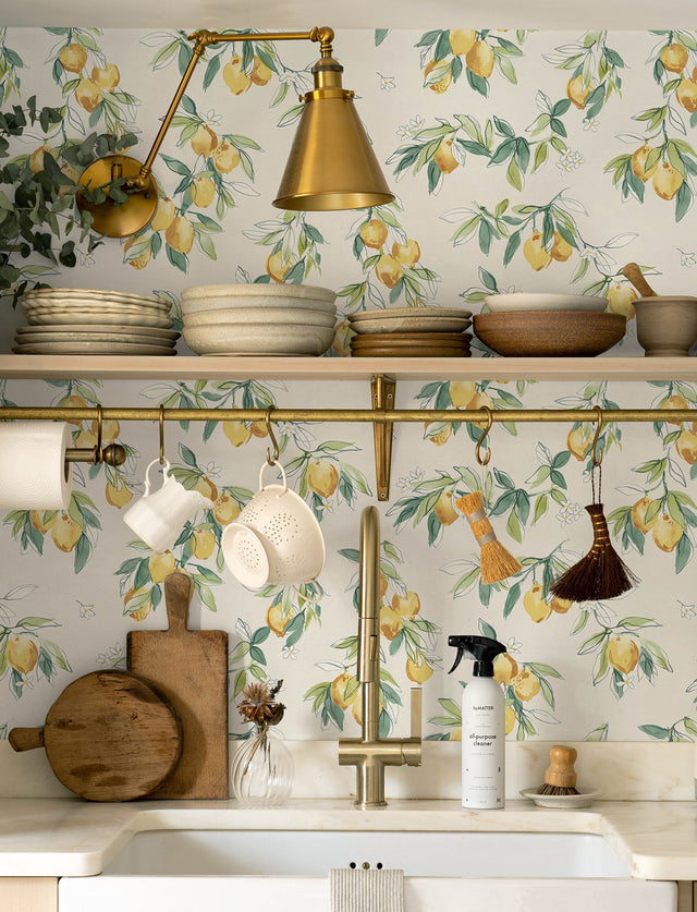 Lemonade Yellow Citrus Wallpaper with Farmhouse Fruit Botanical Motif - Chesapeake 4134-72510