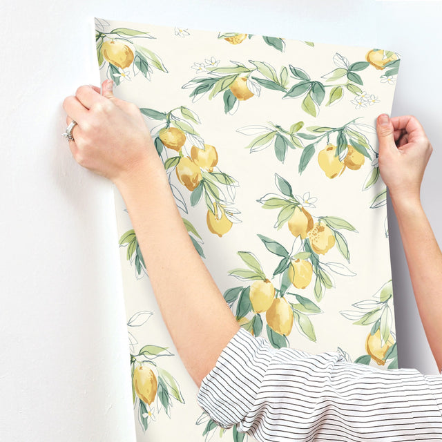 Lemonade Yellow Citrus Wallpaper with Farmhouse Fruit Botanical Motif - Chesapeake 4134-72510