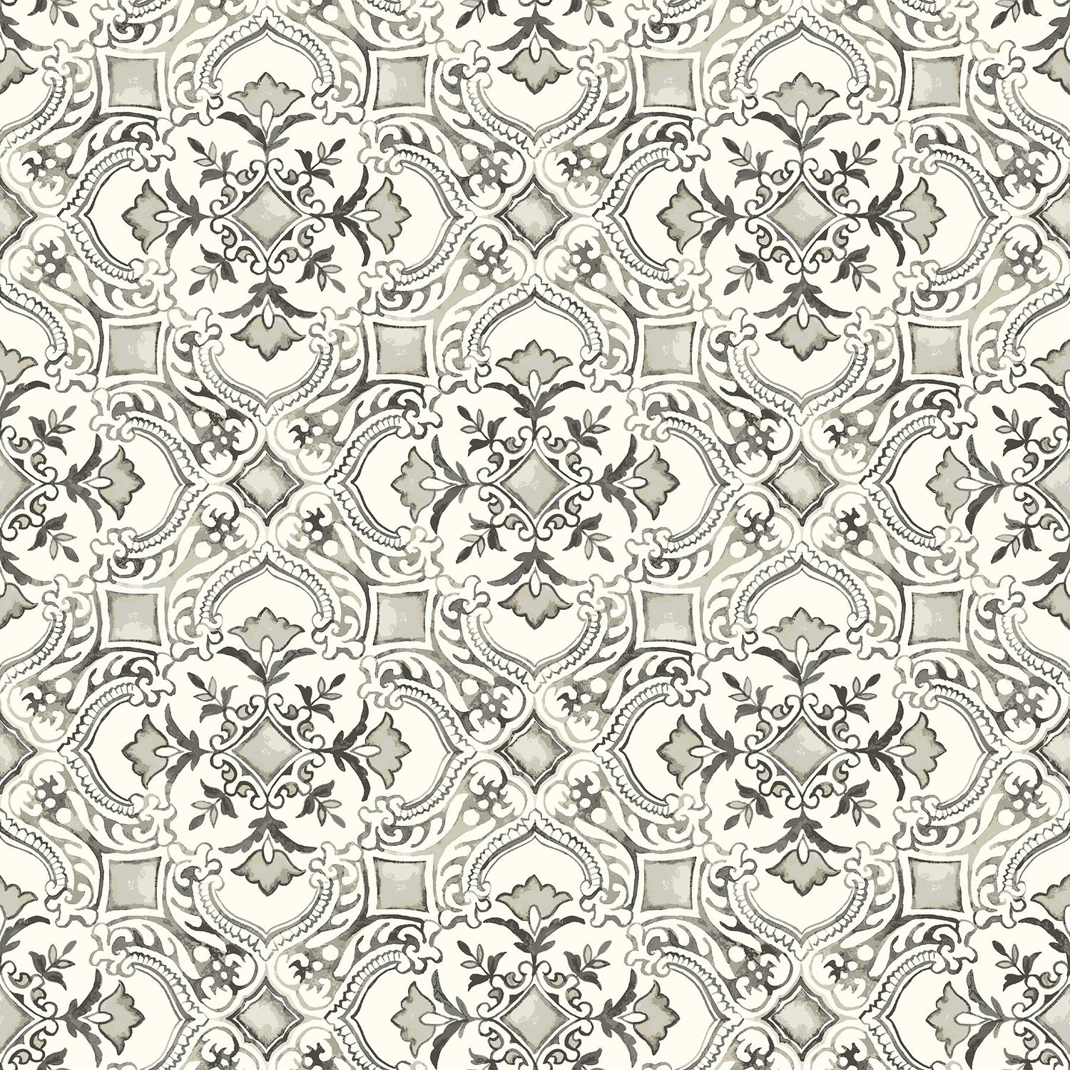 Marjoram Black Floral Tile Wallpaper with Global Geometric Motif - Chesapeake 4134-72512