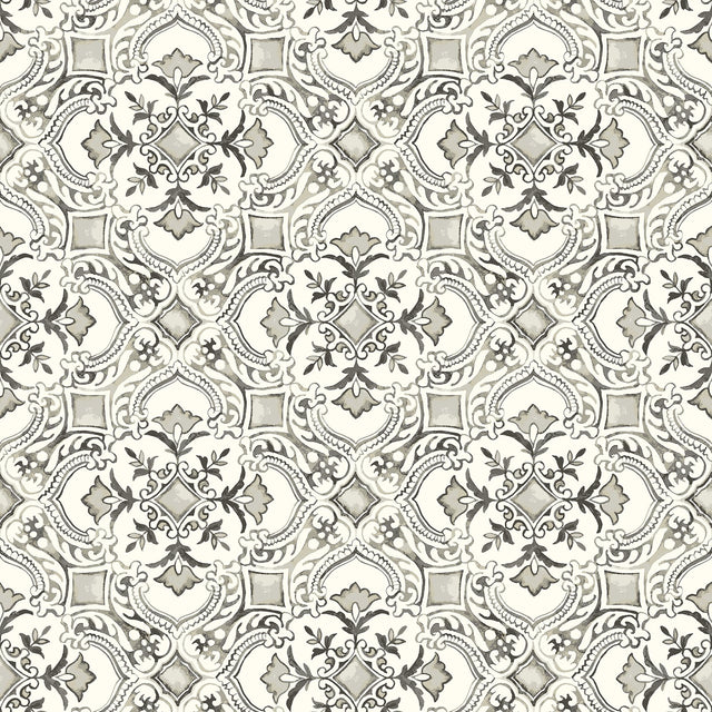 Marjoram Black Floral Tile Wallpaper with Global Geometric Motif - Chesapeake 4134-72512
