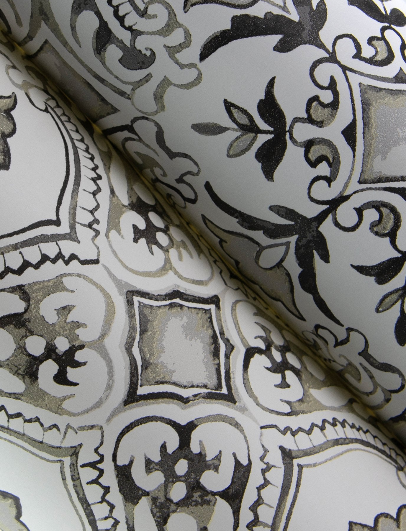 Marjoram Black Floral Tile Wallpaper with Global Geometric Motif - Chesapeake 4134-72512