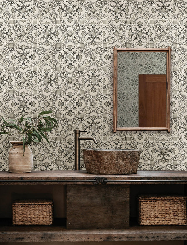 Marjoram Black Floral Tile Wallpaper with Global Geometric Motif - Chesapeake 4134-72512