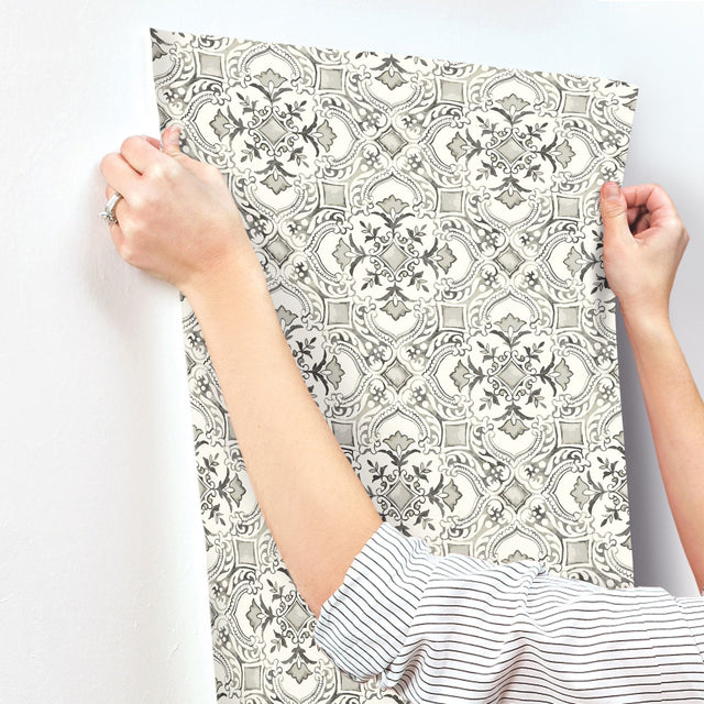 Marjoram Black Floral Tile Wallpaper with Global Geometric Motif - Chesapeake 4134-72512