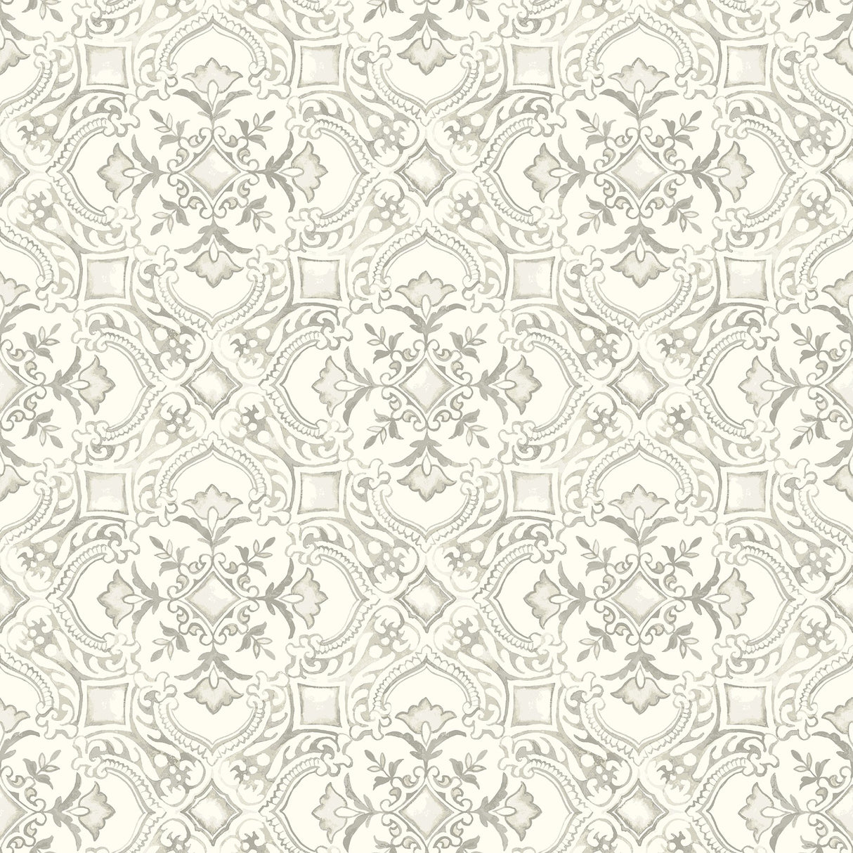 Marjoram Light Grey Floral Tile Wallpaper with Global Geometric Motif - Chesapeake 4134-72515