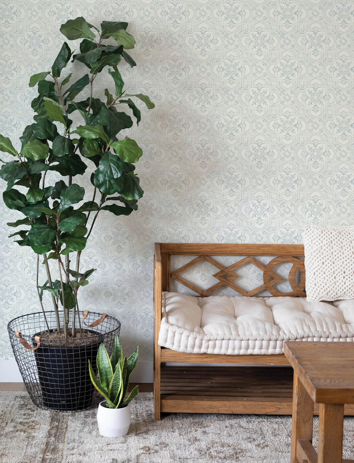 Marjoram Light Blue Floral Tile Wallpaper with Global Geometric Motif - Chesapeake 4134-72516